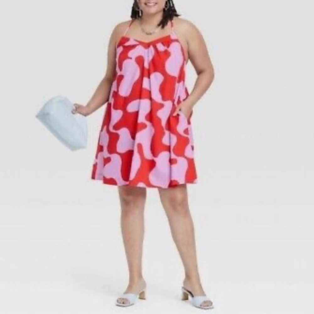 Ava & Viv Women's Plus Size Sleeveless Cross Back Woven Dress -Abstract Red